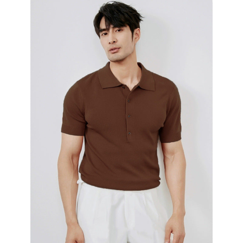 Light Luxury Solid Color Lapel Knitted Ice Silk Simple Short Sleeve