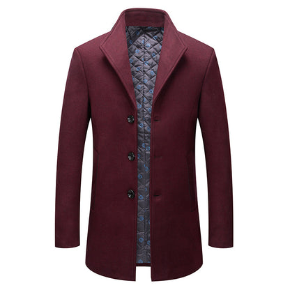 Stand-collar Cotton-lined Wrinkle-resistant Mid-length Wool Coat
