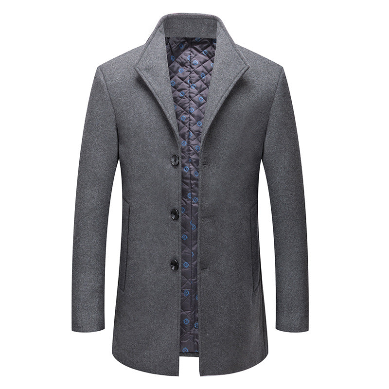 Stand-collar Cotton-lined Wrinkle-resistant Mid-length Wool Coat