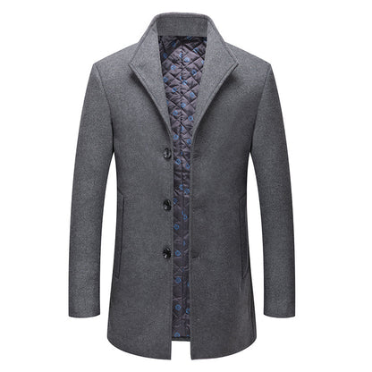Stand-collar Cotton-lined Wrinkle-resistant Mid-length Wool Coat