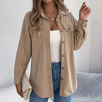 Women's Corduroy Shirt Jacket, Lapel Long Sleeve Button-Down Coat For Casual And Office Wear