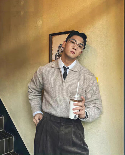 Gestrickte Herren-Dreh-Down-Kragen-Halb-Reißverschluss-Licht Luxusjacke