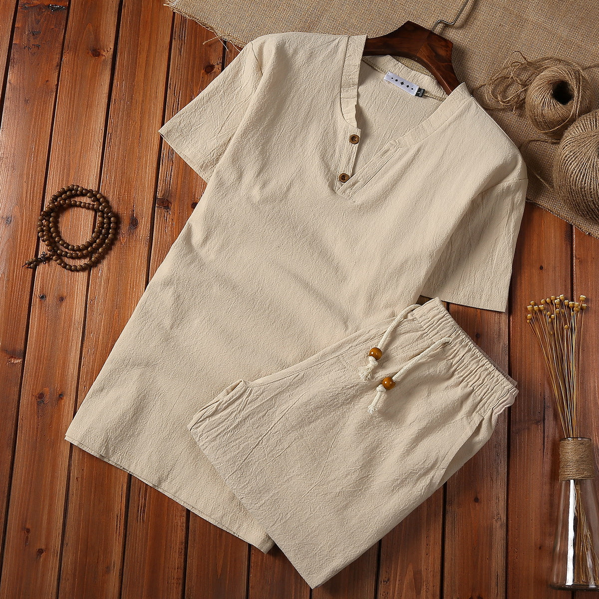 Cotton And Linen Two-piece Buckle Suit Casual V-neck Two-piece Set