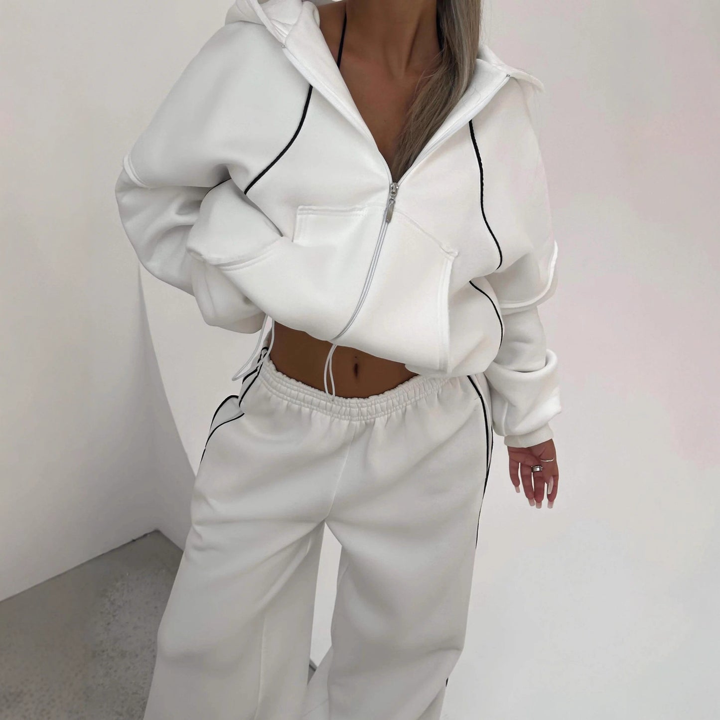 Athleisure Zip-up Long-sleeve Hoodie And Loose-fitting Sweatpants Set
