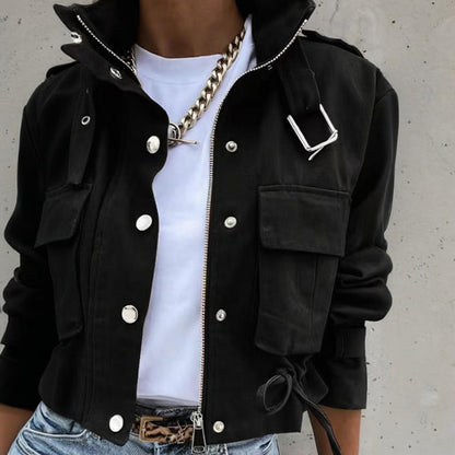 Women's Stand Collar Long Sleeve Jacket With Button & Zipper Closure - Two Large Pockets & Drawstring Hem Casual Short Jacket For Spring&Fall