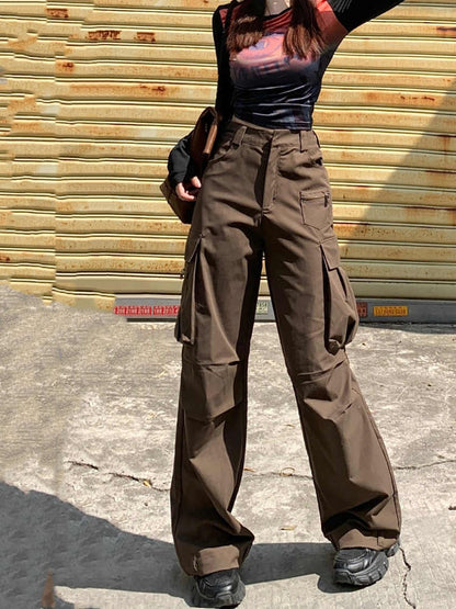 Women's Wide-leg Casual Cargo Pants With Large Pockets And Pleats