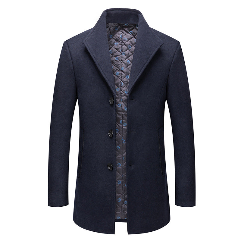 Stand-collar Cotton-lined Wrinkle-resistant Mid-length Wool Coat