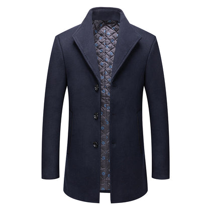 Stand-collar Cotton-lined Wrinkle-resistant Mid-length Wool Coat