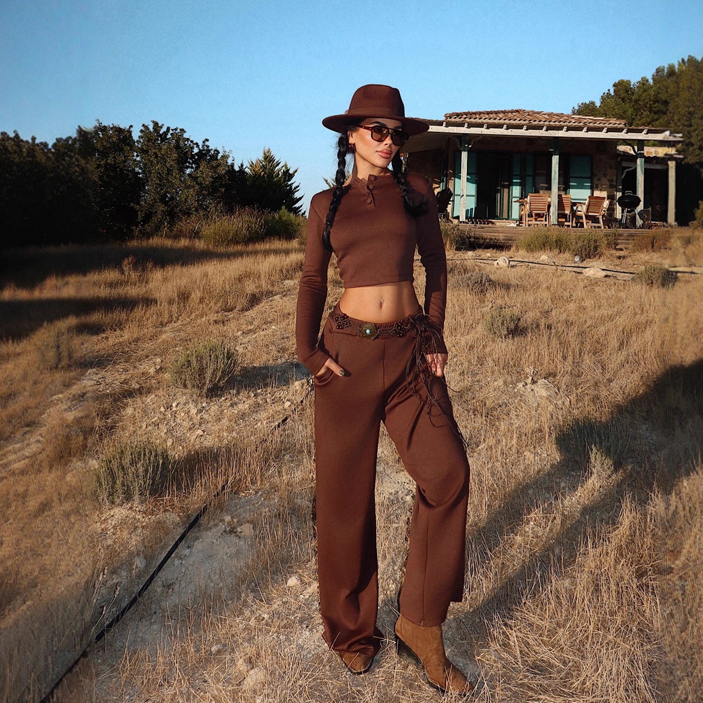 Women's Solid-color Casual Crew-neck Button-up Long-sleeve Top And Trousers