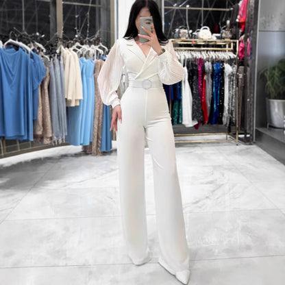 Eleganter Damen Jumpsuit mit Blazer-Kragen – Plissierte Langarm-Details – Figurbetonter Einteiler für Business & Event