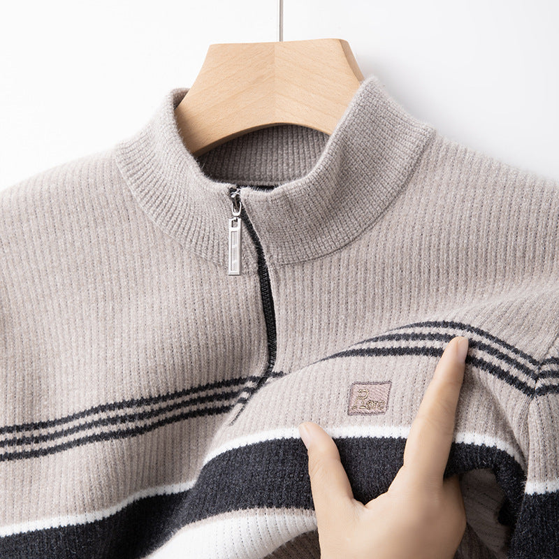 Men's Chenille Half-Zip Fleece- Lined Striped Pullover Sweater