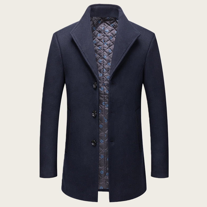 Stand-collar Cotton-lined Wrinkle-resistant Mid-length Wool Coat