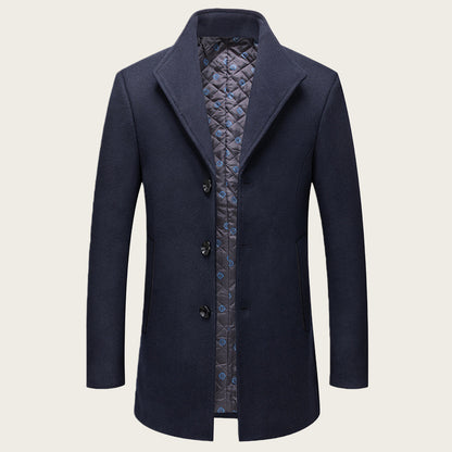 Stand-collar Cotton-lined Wrinkle-resistant Mid-length Wool Coat