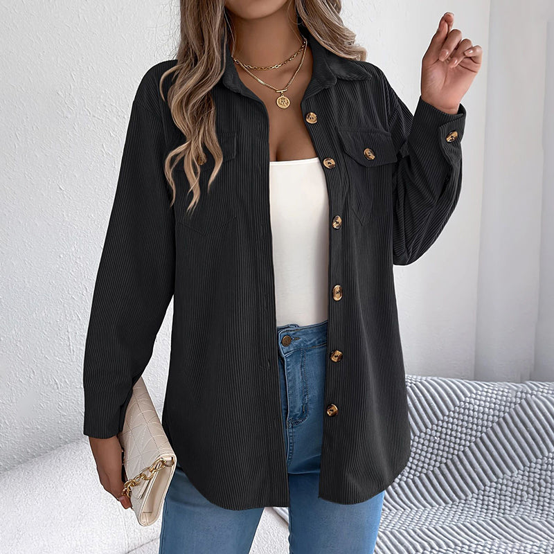 Women's Corduroy Shirt Jacket, Lapel Long Sleeve Button-Down Coat For Casual And Office Wear