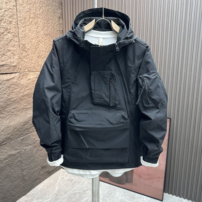 Workwear Hooded Trendy Loose-fit Multi-pocket Zip-up Casual Jacket