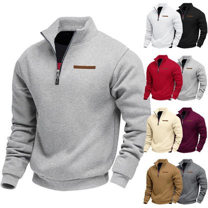 Fleece-lined Mid-length Zip-up Loose-fit Stand-up Collar Casual Hoodie