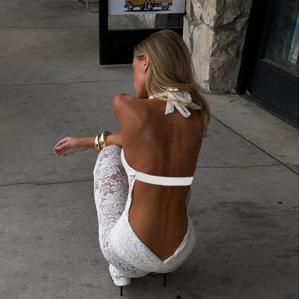 Eleganter Damen Spitzen-Jumpsuit in Weiß – Rückenfreies Design mit Cut-outs – Luxuriöser Einteiler für besondere Anlässe