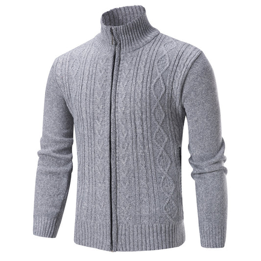 Fashionable Men's Stand-up Collar Fleece-lined Knit Sweater