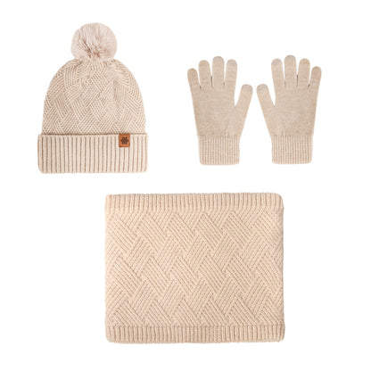 Ladies' Knitted Outdoor Warm Knitted Hat Scarf And Gloves Three-Piece Set