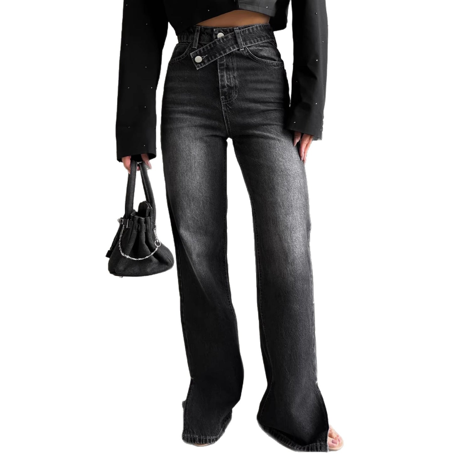 Damen Flare-Jeans mit schrägem Bund – High-Waist & leicht ausgestellt – Washed Black Denim