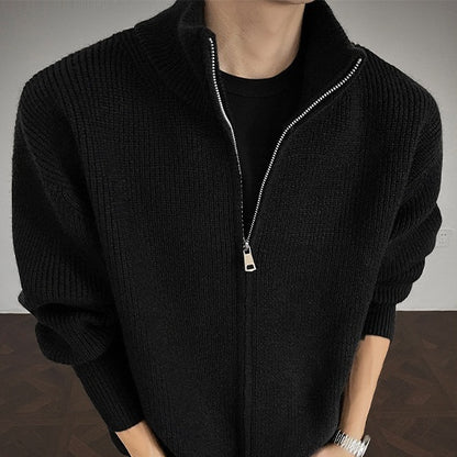 Men's Solid-Color Slim-Fit Turtleneck Sweater Jacket With Zipper