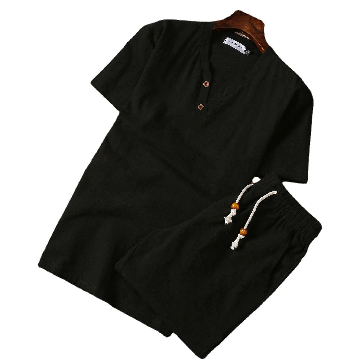 Cotton And Linen Two-piece Buckle Suit Casual V-neck Two-piece Set