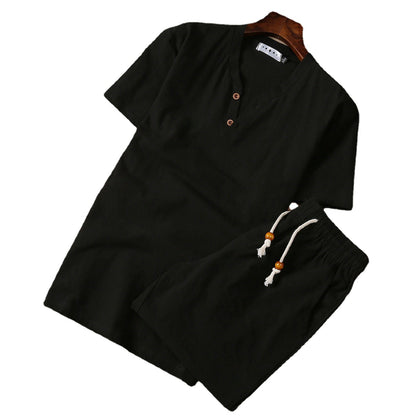 Cotton And Linen Two-piece Buckle Suit Casual V-neck Two-piece Set