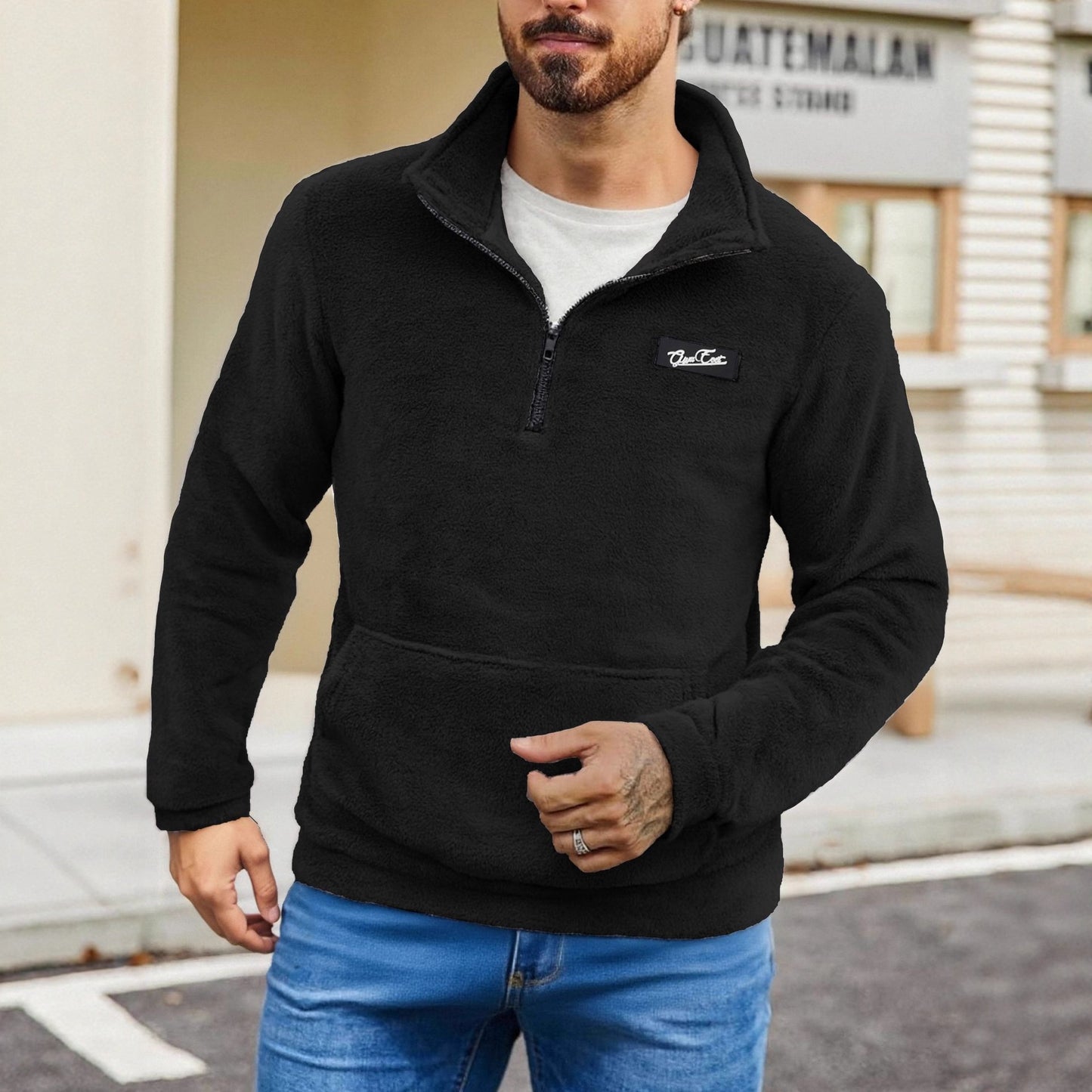 Stand Collar Loose Long Sleeve Sweatshirt Autumn Winter Casual Half Zip