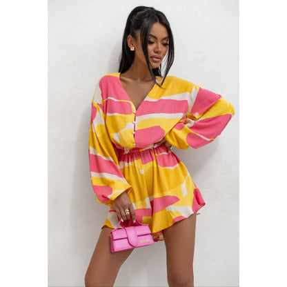 Bedruckter Damen Jumpsuit mit V-Ausschnitt und Langarm – Weites Bein & Trend-Prints – Streetstyle-Einteiler