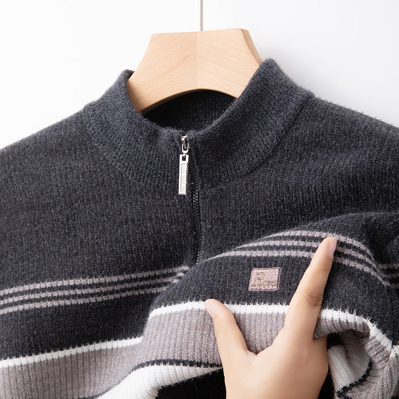 Men's Chenille Half-Zip Fleece- Lined Striped Pullover Sweater