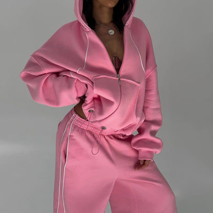 Athleisure Zip-up Long-sleeve Hoodie And Loose-fitting Sweatpants Set