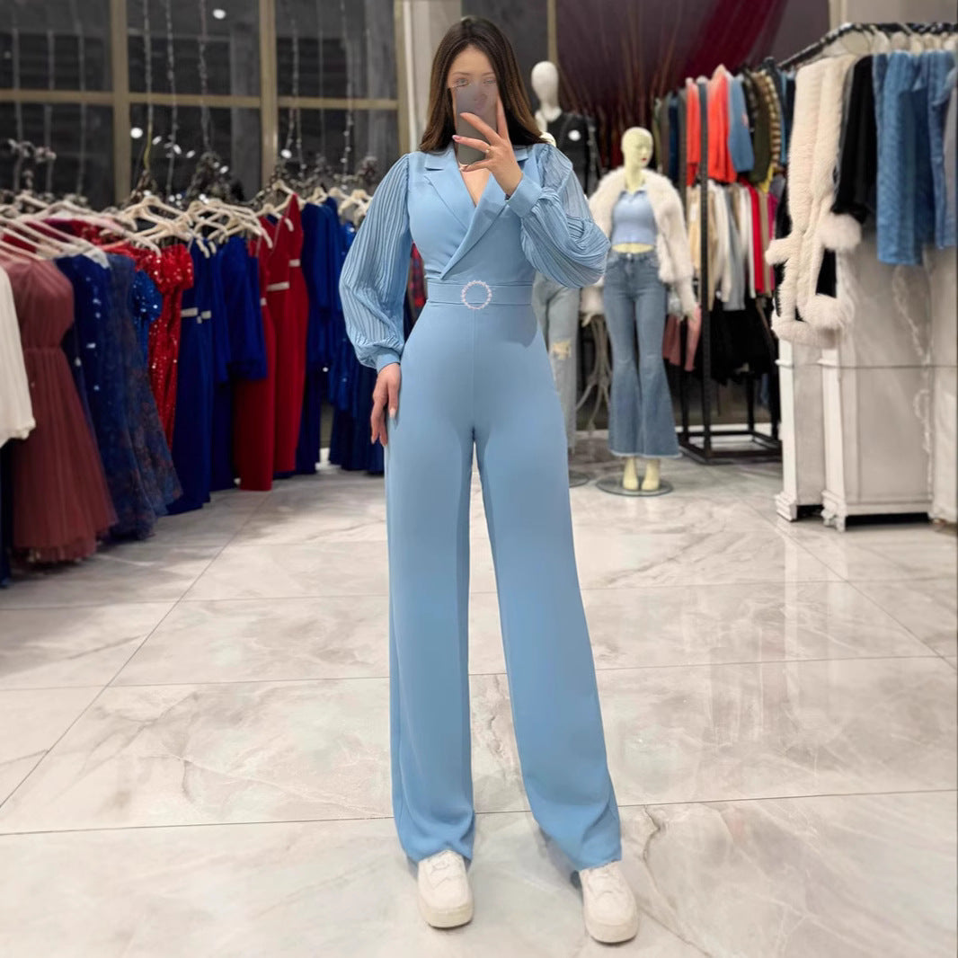 Eleganter Damen Jumpsuit mit Blazer-Kragen – Plissierte Langarm-Details – Figurbetonter Einteiler für Business & Event