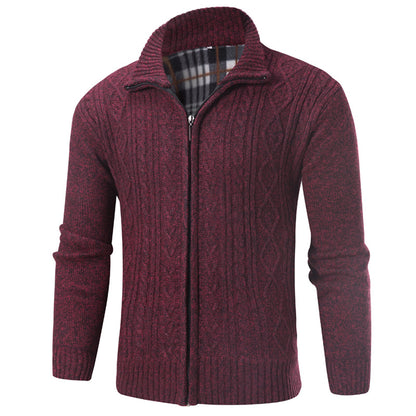 Fashionable Men's Stand-up Collar Fleece-lined Knit Sweater