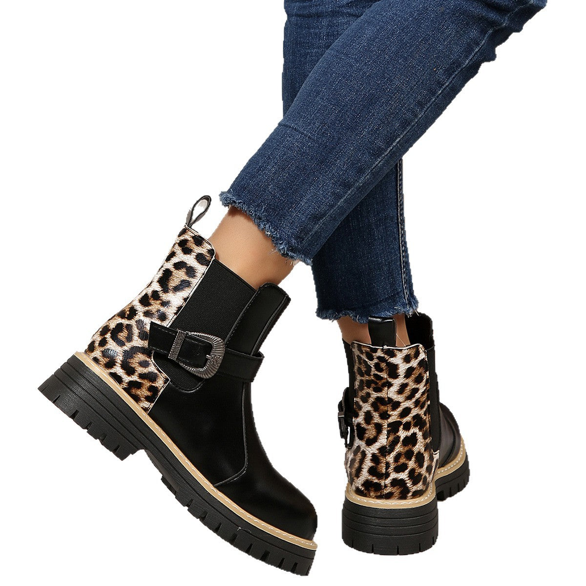 Plus-size Fashion Leopard Print Metal Buckle Mid-heel Ankle Casual Boots