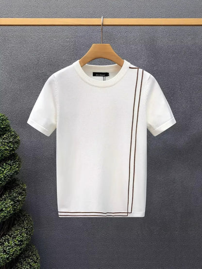 Striped Knitted Ice Silk Short Sleeve Men's Youth Slim Fit Summer High-end Retro T-shirt
