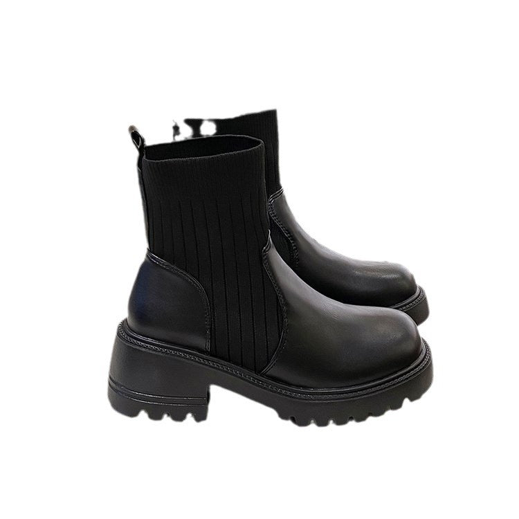 Women's Knitted Patchwork Chunky-sole Square-heeled Booties