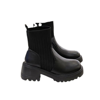 Women's Knitted Patchwork Chunky-sole Square-heeled Booties