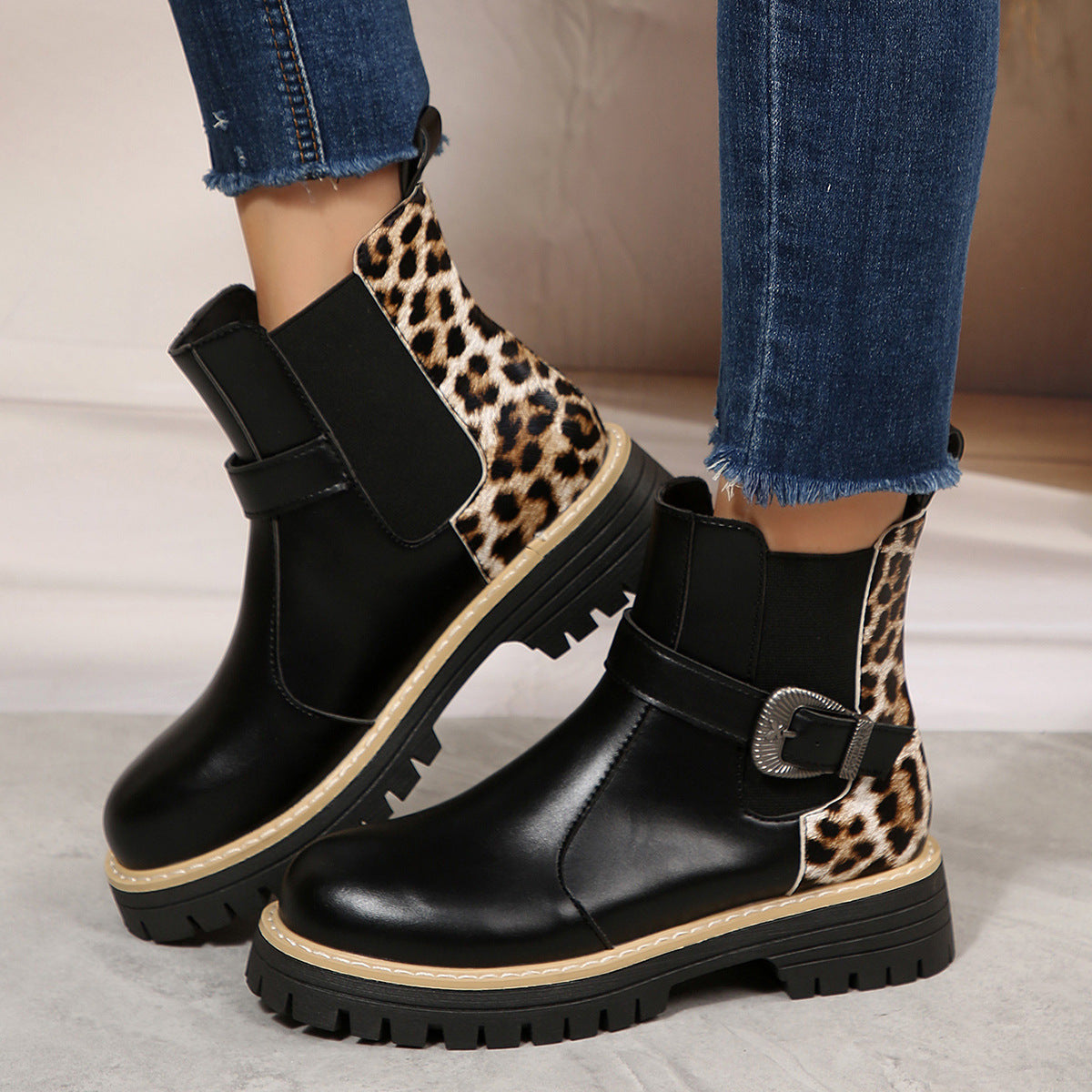 Plus-size Fashion Leopard Print Metal Buckle Mid-heel Ankle Casual Boots