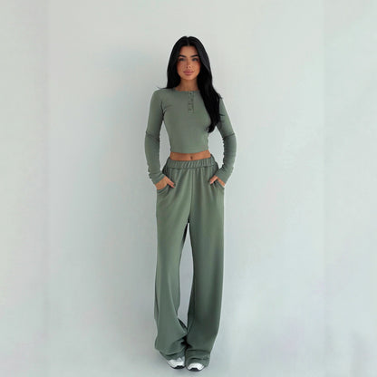 Women's Solid-color Casual Crew-neck Button-up Long-sleeve Top And Trousers