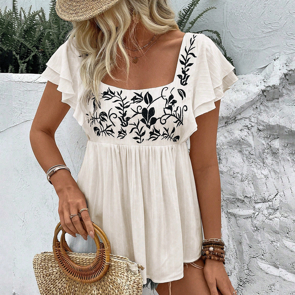 Women's Casual Lace-trimmed Square-neck Embroidered Shirt