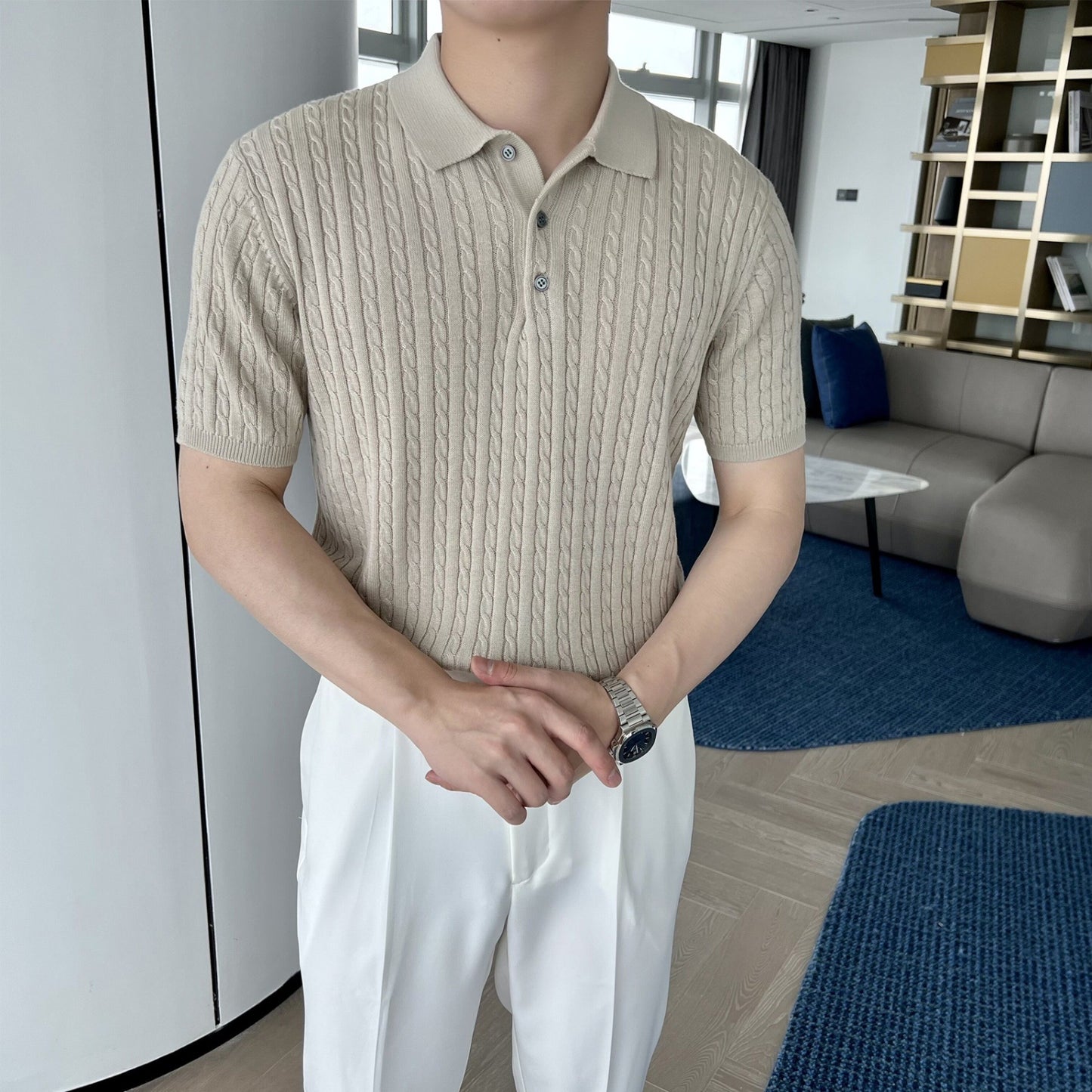 Men's Casual Short-sleeved Knitted Shirt With Lapel