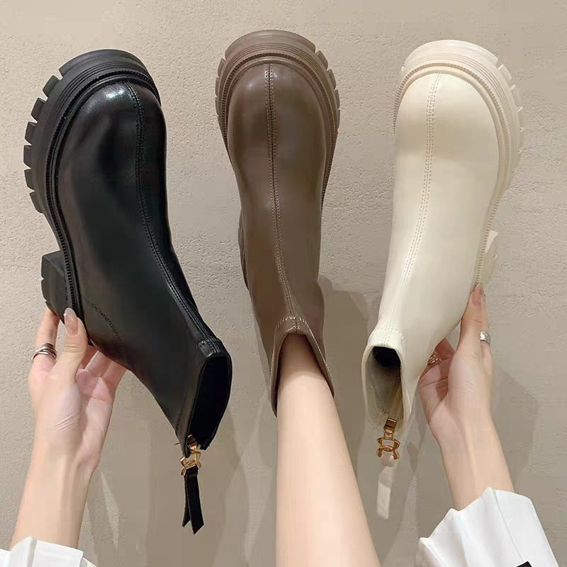 Height-increasing White Platform Thick Sole British Style Ankle Boots