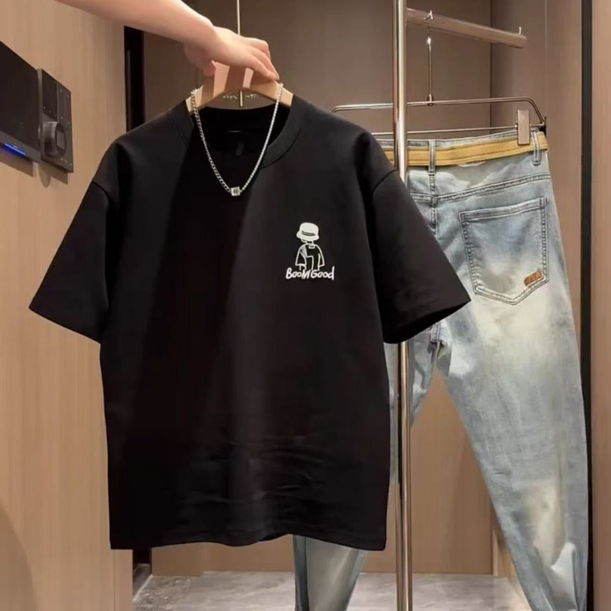 Einfacher Cartoon-Druck der Männer Loose Kurzarm