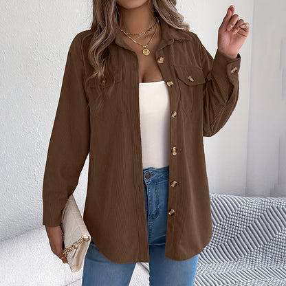 Women's Corduroy Shirt Jacket, Lapel Long Sleeve Button-Down Coat For Casual And Office Wear