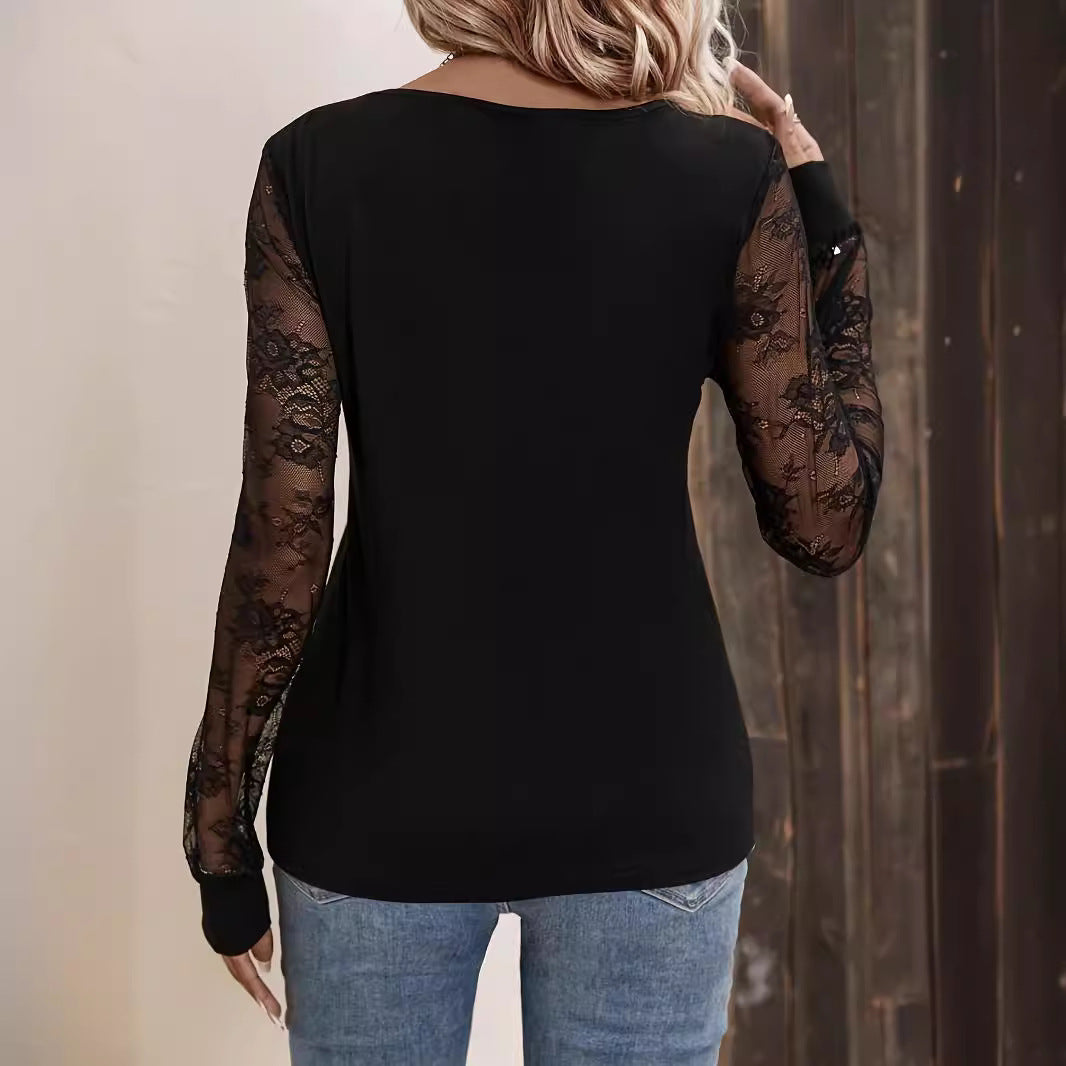 Lace-trimmed V-neck Patchwork Loose-fit Long-sleeve Solid-color T-shirt