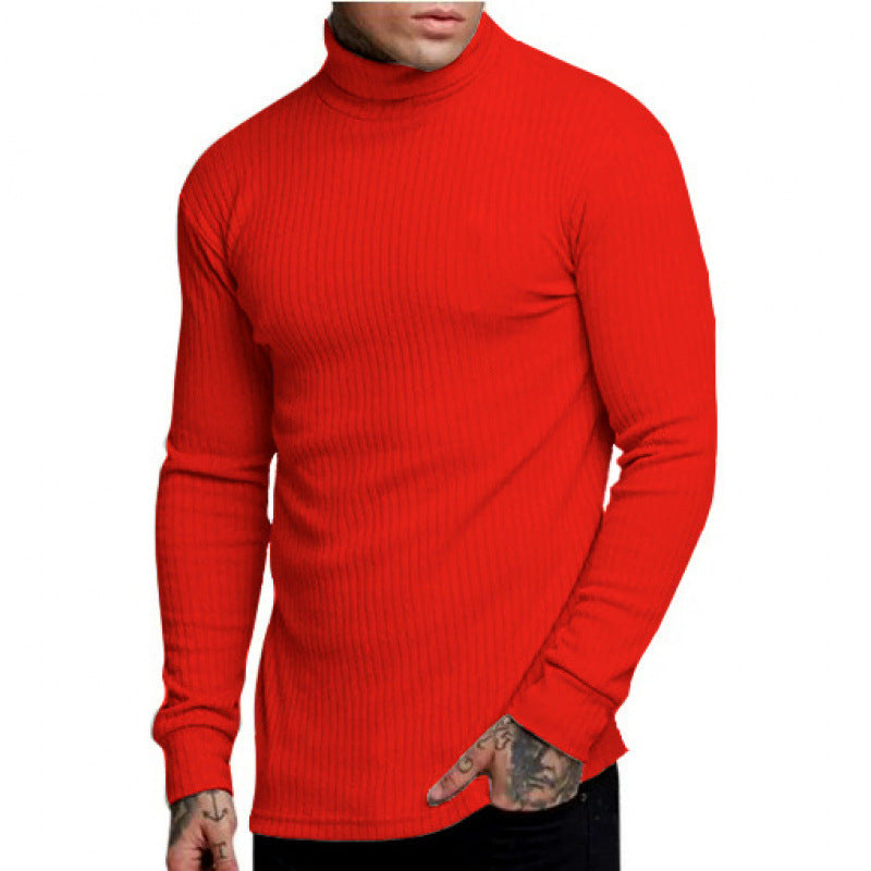 Casual Men's Fashion Solid Color High-neck Twisted Stripe Knit Sweater Slim Fit Knitwear