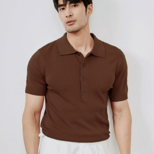 Light Luxury Solid Color Lapel Knitted Ice Silk Simple Short Sleeve