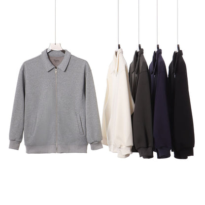 Japanese Retro Heavyweight 420g Silver Fox Fleece Solid Color Lapel Zip-up Jacket