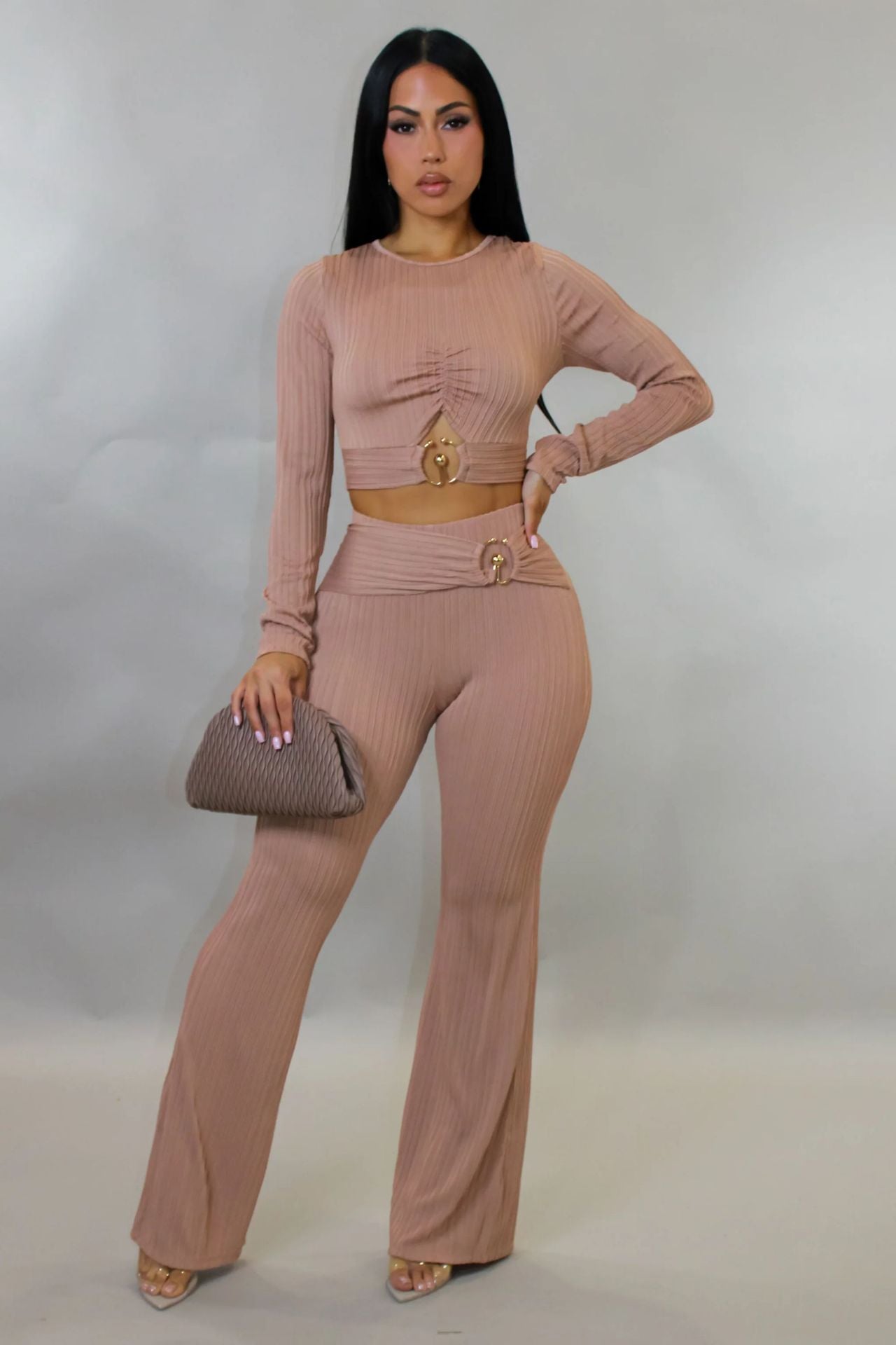 Women's Slim-fit Sexy Hollow-out Top And Flared Pants Two-piece Set
