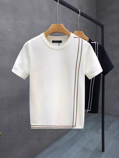 Striped Knitted Ice Silk Short Sleeve Men's Youth Slim Fit Summer High-end Retro T-shirt